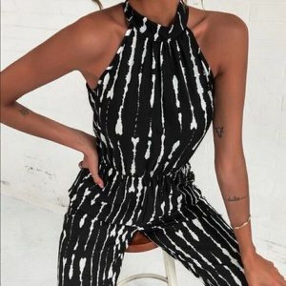 New Boho Sexy Summer Jumpsuit Halter Neck Sleeveless Chiffon Wide Leg Long Pant - Picture 10 of 11